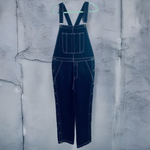 BDG Urban Outfitters Bib Overalls 32 Dark Blue White Stitch Snap Legs - Picture 11 of 12