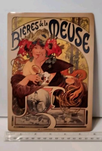 Bieres de la Meuse Mucha Kunst Blech Postkarte 8"X5" Frankreich IMP F Champenois Paris  - Bild 2 von 15