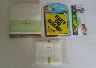 Lot: baby's toothbrush, Carter's crib sheet, BabyOnBoard sign,organic pillowcase