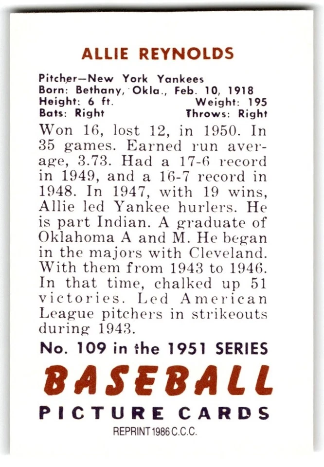 1986 Card Collectors 1951 Bowman Reprint Allie Reynolds New York Yankees #109 - Image 2 of 2