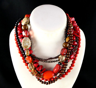 Pretty Red Coral Multi Strand Bead Stone Necklace Black Brown Beads NICE!