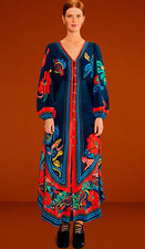 FARM Rio Blue Vintage Forest Midi Dress, Printed Blue Silky Viscose, Small, $295
