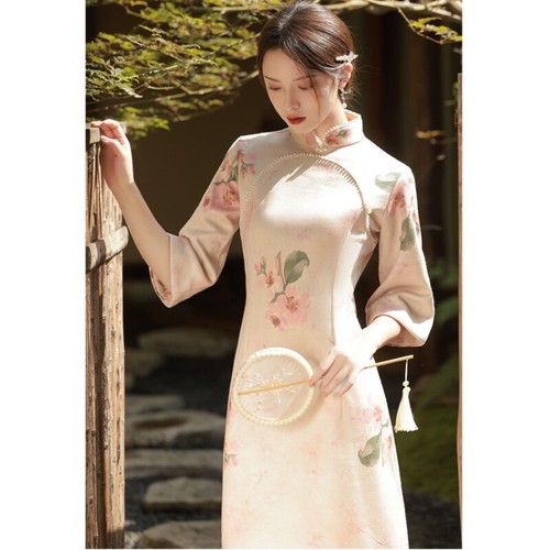 Lady Faux Suede Long Dress Floral Print Cheongsam Beaded Ball Qipao Wedding Slim - Picture 13 of 14