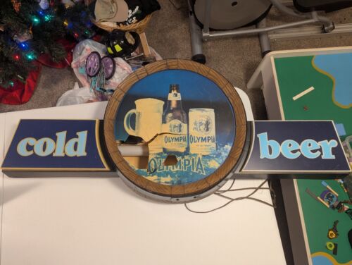 Vintage Olympia Cold Beer Barrel Lager 42" Bar Schild Man Cave 1980er Werbung