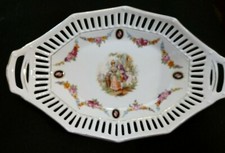 Vintage Germany Porcelain Plaue Courting Scene Perforated Border Bowl