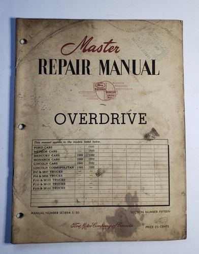 Overdrive Master Repair Manual 1949-50 Ford Meteor Mercury Monarch Lincoln Cars - Foto 1 di 5