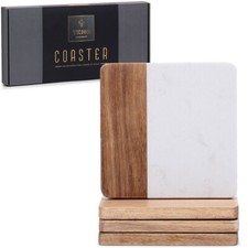 4pcs Coasters for Drinks Natural Marble Stone & Wood Dining Table Drinks Mat Set