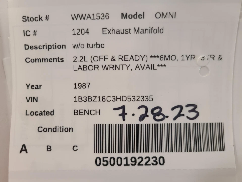 Colector de escape usado se adapta a: Dodge Omni 1987 4-135 2,2 L EGR con puertos de aspirador Gra Foto 3 de 4