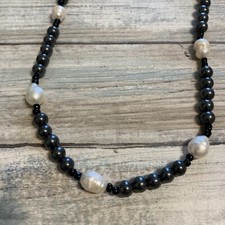 Black Spinel Beads Potato Pearls Necklace 25" Barrel Clasp Estate
