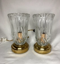 2x Vintage Hollywood Regency Lead Crystal Brass Base Torch Table Lamps 8"
