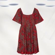 Ex Fat Face Women's Dress - Short Sleeve Paisley Smocked Cotton Jersey Red