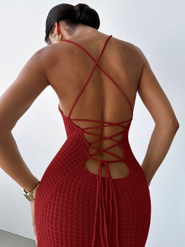 Sexy Backless Knit Maxi Dress – Strappy Crisscross Lace-Up Bodycon Dress - Picture 10 of 23