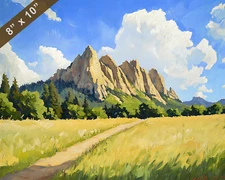 Boulder Flatirons with blue sky oil painting 8x10 Print