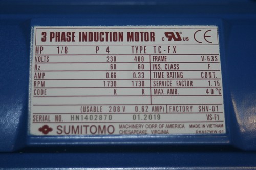Sumitomo PA149195 Gearmotor CNFMS01-6060YC-13 Ratio 13 1/8 HP Out 135rpm - Picture 5 of 10