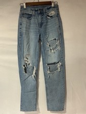 American Eagle 90s Straight Jeans Women s size 00 Light Blue Denim Destructed