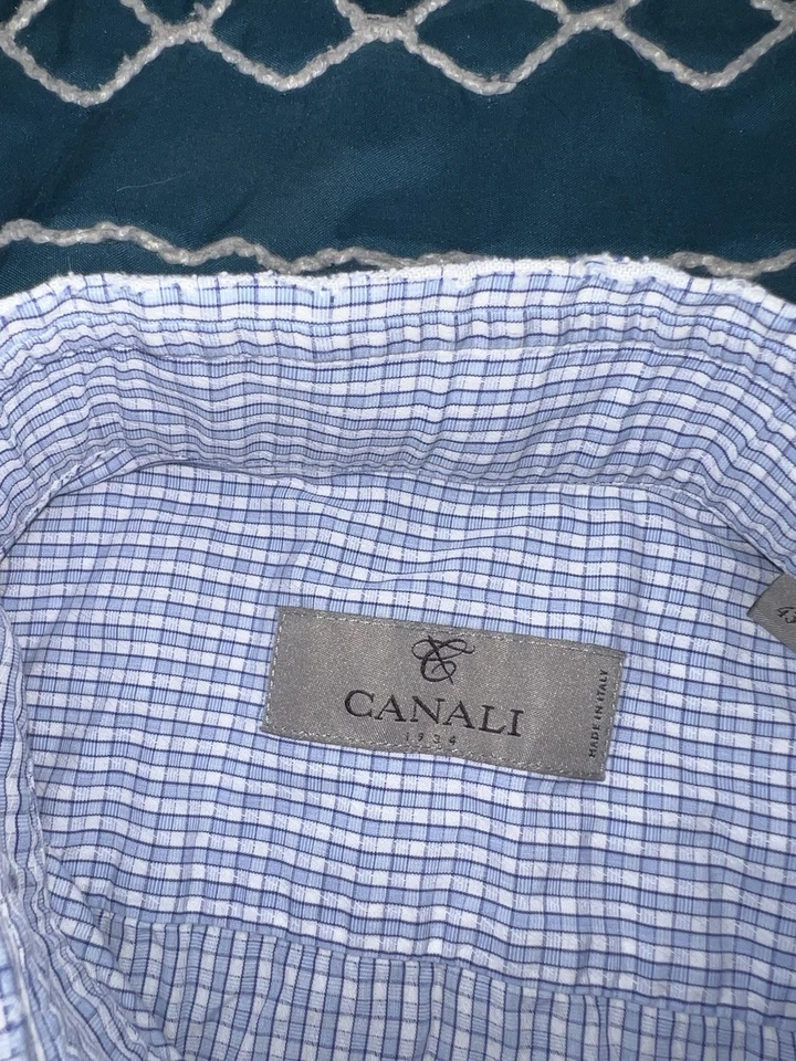 Canali Men’s Blue Check Long Sleeve Dress Shirt Size 43/17 Italy - Image 3 of 4