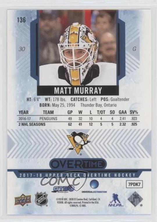 2017-18 Upper Deck Overtime Blue Foil Matt Murray #136 - Image 2 of 2