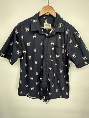 RSVLTS Shirt Mens Large Navy Pug Dog Bone Print Button Up Short Sleeve Kunuflex