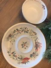 Lenox WINTER GREETINGS 7" Round Serving Bowl and Chip and Dip Tray NEW