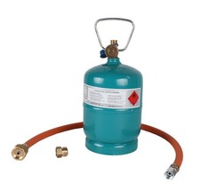 Leere befüllbare Gasflasche Propan-Butan 1kg + Adapter 3/8", Umfüllschlauch 80cm