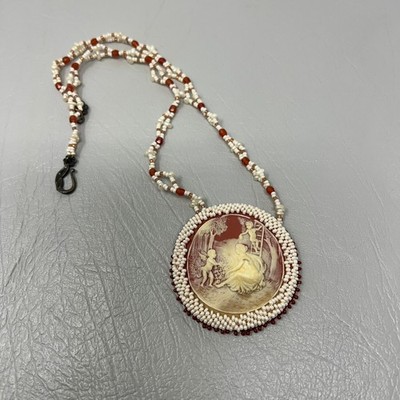 Psyche in Cupids Garden Cameo Necklace Seed Pearl Frame Beaded Chain