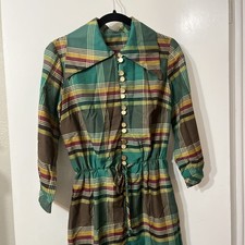 Vntg House Dress Sears 1960s Cotton Pointed Collar Green, Gold, Brown Plaid Knee