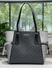 MICHAEL KORS VOYAGER LARGE TOTE SHOULDER BAG LAPTOP MK METALLIC BLACK GREY WHITE