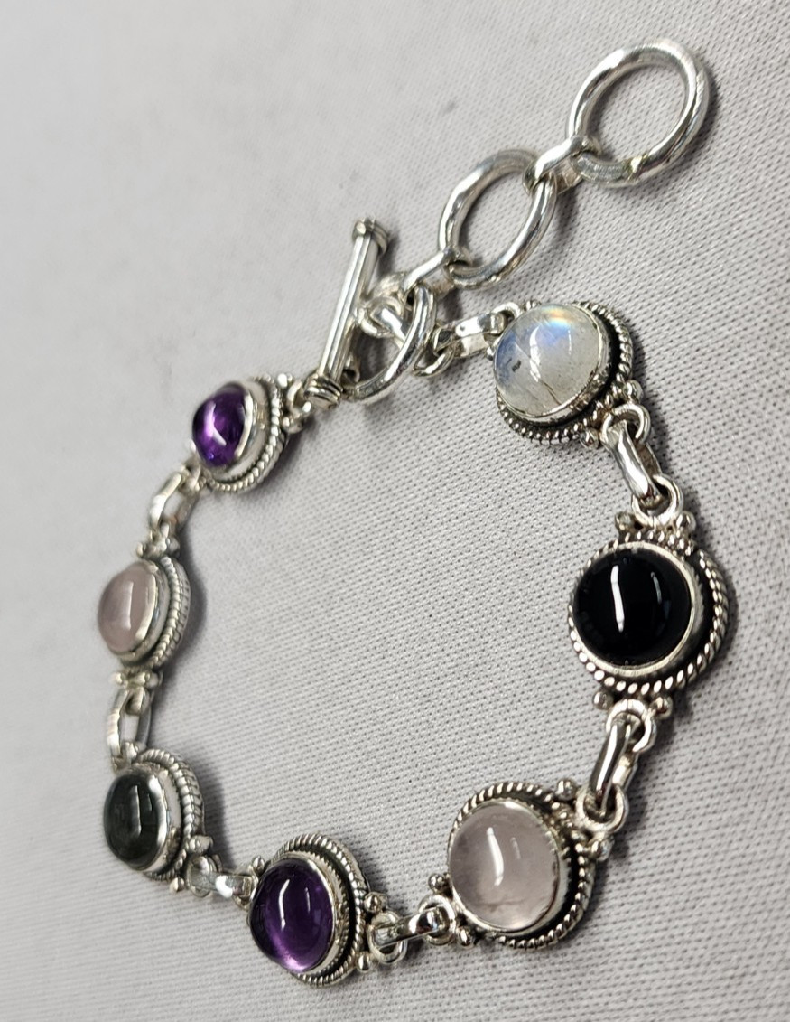 Multi Stone Toggle Sterling Silver Bracelet 6.5"+… - image 3