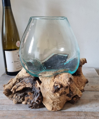 Große Schale aus geschmolzenem Glas auf Holz/Handarbeit/Rustikal/Deko/Recyclingglas