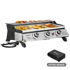 Royal Gourmet 3-Burner Portable Gas Griddle W/ Warming Rack Stainless Steel New