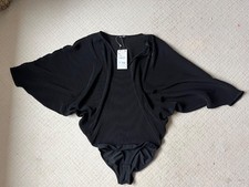 ZARA NWT Black Pleated Bodysuit Size S Batwing Sleeve Draped V Neck Minimalist