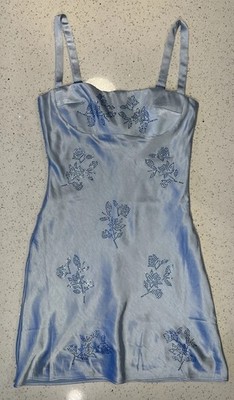 NWT Oh Polly Geneva Dress Light Blue Satin with Crystal Flower Detail 