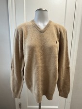 Y2K Polo Ralph Lauren V-Neck Sweater Mens Large Tan Camel 100 Lambswool Italian