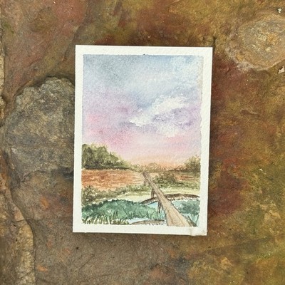 ACEO original, landscape, Bridge, Meadow, Pond, Lake, Sky, Watercolor