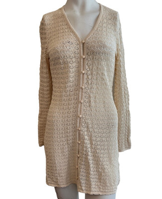 Ladies Size Medium 10 Tan Crochet Open Weave Lace Dress Button Front Sheer NWT