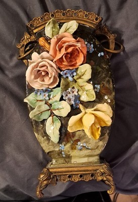 19th Century, French, Hand Painted Barbotine Faience Floral Vase Antique 