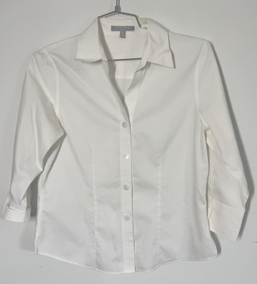 Foxcroft Non Iron Shaped Fit 3/4 Sleeve Blouse Top Shirt Sz 10 Crisp White Work