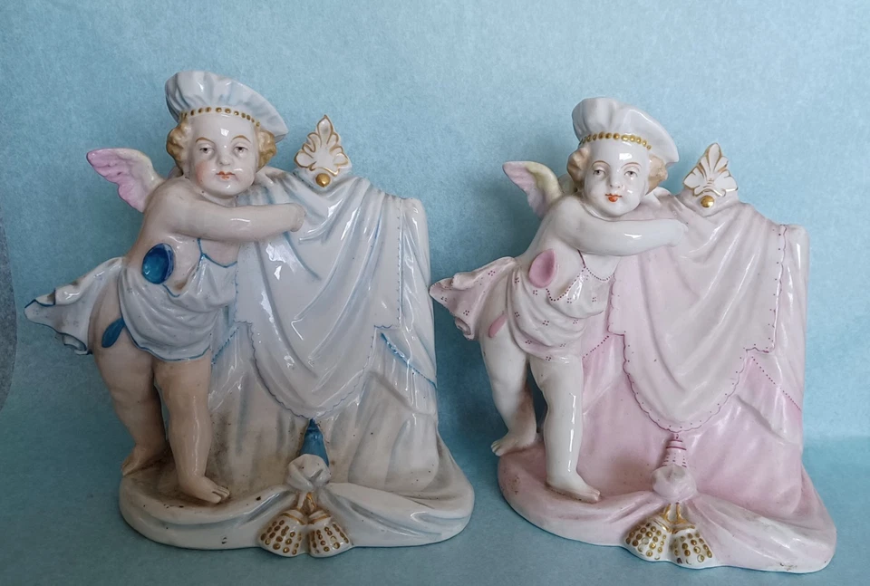 paire ancien PORTE MENU angelots porcelaine signée - Photo 2/4