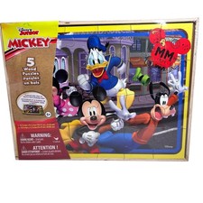 Disney Junior Mickey Mouse 5 Wood Puzzles in Storage Box Set 778988429174 New