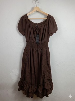Scarlet Darkness Brown Smocked Waist Ruffle Hem Medieval Prairie Dress Large New