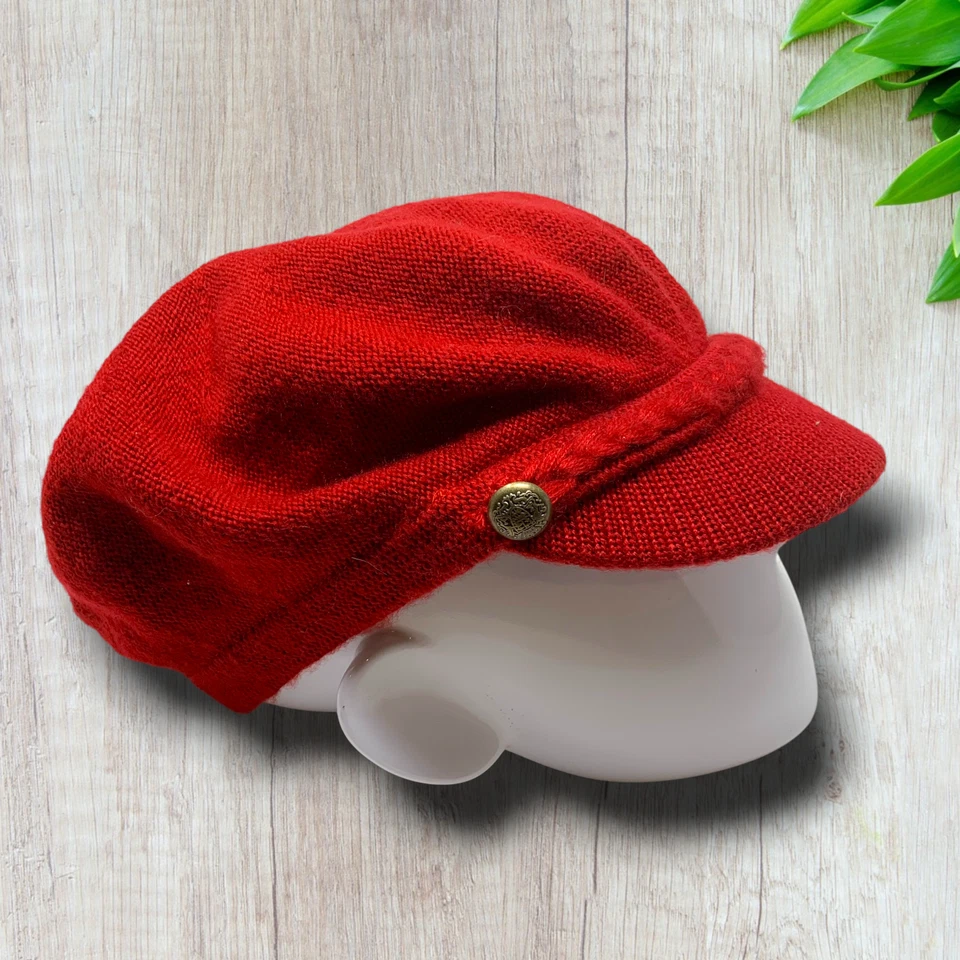 Винтажный Y2K 00's красный вязаный мягкий Newsboy шляпа крышка плетеная военная латунная отделка - Изображение 2 из 4