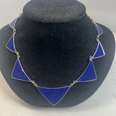 Vintage Signed Express 90 s Silver Tone & Blue Enamel Geometric Bib Necklace NWT