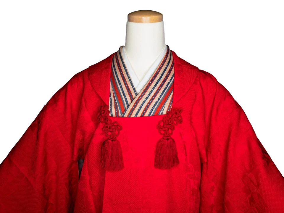 Abrigo Michiyuki Vintage Rojo Escarlata Seda Borlas Grandes para Kimono Kitsuke: May21A Foto 2 de 4