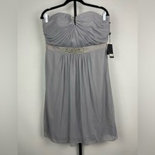 Adrianna Papell Gray Jeweled Waistband Strapless Flowy Chiffon Mini Dress Sz 14