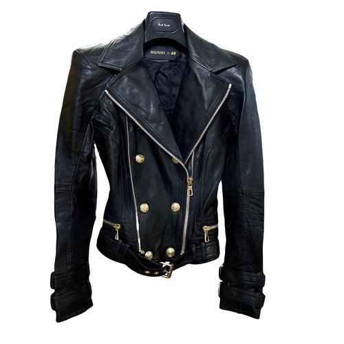 Balmain x H&M cuir blazer veste de motard US 2 EUR 32 noir - Photo 1/8