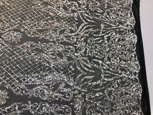 SILVER SHINY SEQUIN DAMASK DESIGN EMBROIDERY ON A BLACK 4 WAY STRETCH MESH-1YARD - Picture 4 of 9