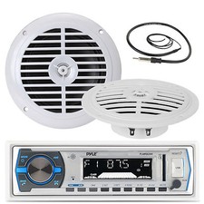 PLMRB29W Black USB AUX Marine Radio, 5.25" White 100W Speakers, Marine Antenna
