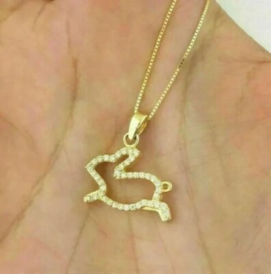1Ct Round Natural Moissanite Running Rabbit Pendant Chain 14K Yellow Gold Plated