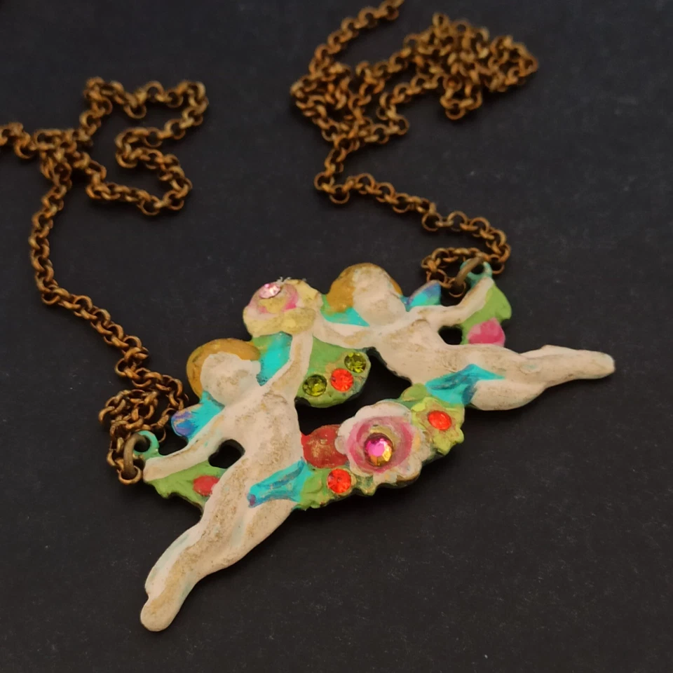 Collar Michal Negrin Ángeles Largos Rosas Coloridos Esmalte Cristales Shabby Chic Foto 3 de 4