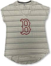 Majestic Boston Red Sox Women's Striped V-Neck T-Shirt Medium 8/10